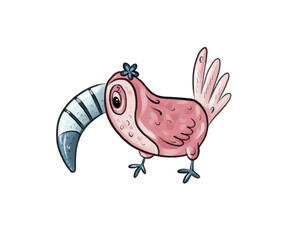Illustration of a cute pink toucan with a large blue-gray beak with a flower on its head on a white isolated background. 