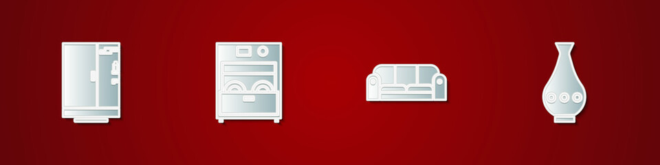 Set Shower cabin, Kitchen dishwasher machine, Sofa and Vase icon. Vector