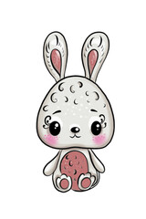 Illustration of a cute gray bunny with a pink belly with big black eyes e on a white isolated background. 