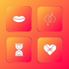 Set Smiling lips, Gender, Heart the center hourglass and Candy heart shaped box icon. Vector