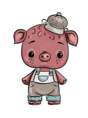Illustration of a cute pink pig boy with a cap on his head in clothes on a white isolated background. 
