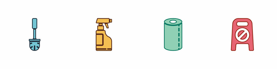 Set Toilet brush, Spray bottle with detergent liquid, Paper towel roll and Wet floor and cleaning in progress icon. Vector