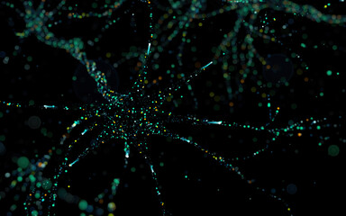 Cells shots from microscope. Cell division. Illustration of glowing, shining and transparent green...