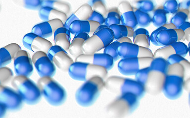 3d Illustration Selective focus and macro view of medical pills on white background with copy space. Abstract Background Element.