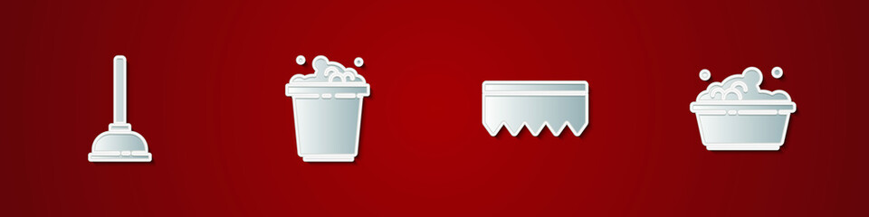 Set Rubber plunger, Bucket with soap suds, Sponge bubbles and Plastic basin icon. Vector