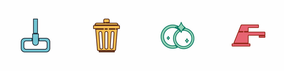Set Mop, Trash can, Washing dishes and Water tap icon. Vector