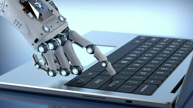 robot hand working with computer notebook 4k footage