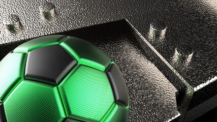 Black-Green Soccer ball on Silver Mechanical Titanium Plates. 3D illustration. 3D CG. High resolution.