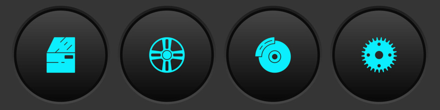 Set Car door, Alloy wheel, brake disk with caliper and Gear icon. Vector