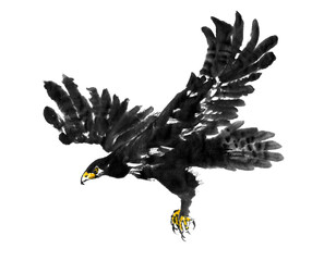 水墨画技法で描かれた飛ぶ鷲