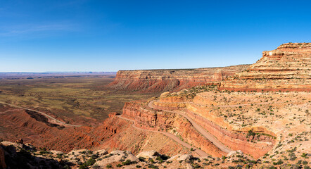Wide view of the Moki Dugway winding up the cliffs near Valley of the Gods in the US state of Utah