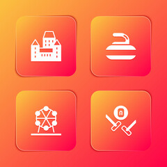 Set Chateau Frontenac hotel, Stone for curling, Ferris wheel and Curling sport game icon. Vector