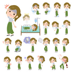 怪我や病気の状態のカジュアルファッション女性のセット