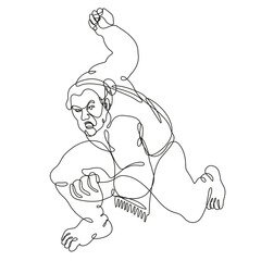 Continuous line drawing illustration of a sumo wrestler or rikishi in fighting stance front view done in mono line or doodle style in black and white on isolated background. 