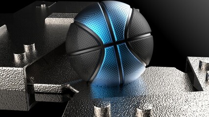 Black-Blue Basketball on Silver Mechanical Titanium Plates. 3D illustration. 3D CG. High resolution.
