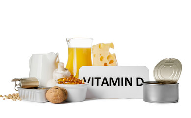 Text VITAMIN D and different healthy products on white background