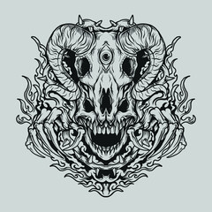 tattoo and t shirt design black and white hand drawn devil skull with goat skull