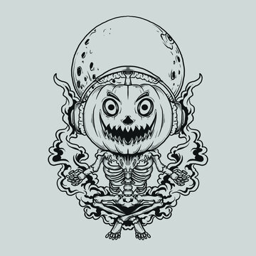 tattoo and t shirt design black and white hand drawn meditation pumpkin