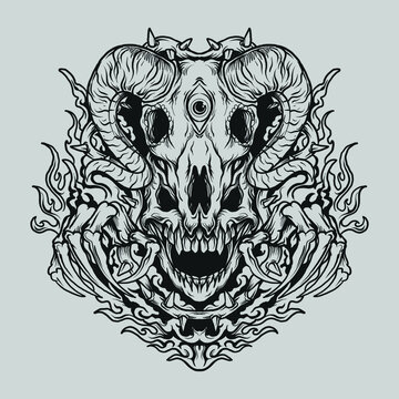 tattoo and t shirt design black and white hand drawn devil skull with goat skull