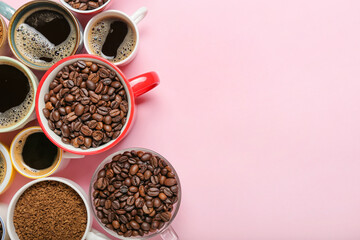 Different cups with coffee and beans on color background, closeup