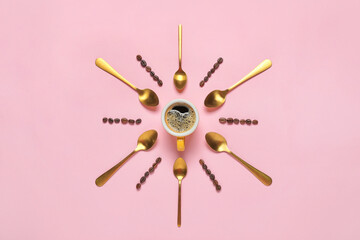 Composition with cup of coffee, spoons and coffee beans on color background
