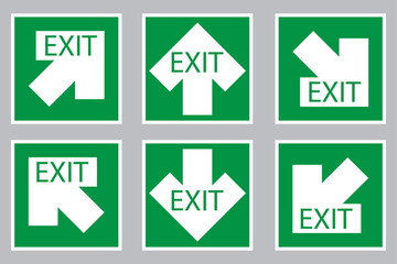 Exit sign with white arrow up, down, diagonal on green background. Evacuation emblem. Vector illustration. Stock image.