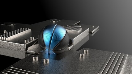 Black-Blue Basketball on Silver Mechanical Titanium Plates. 3D illustration. 3D CG. High resolution.