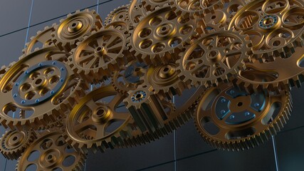 Mechanism yellow gold metallic gears and cogs at work on blue plate under spot light background. Industrial machinery. 3D illustration. 3D high quality rendering. 3D CG.