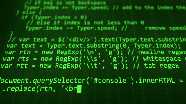 Close up. Green lines of random program code fast scrolling on a Computer screen terminal. Breaking Into the System. Technology, coding, programming, software and hacking concept. Selective focus, 4k.