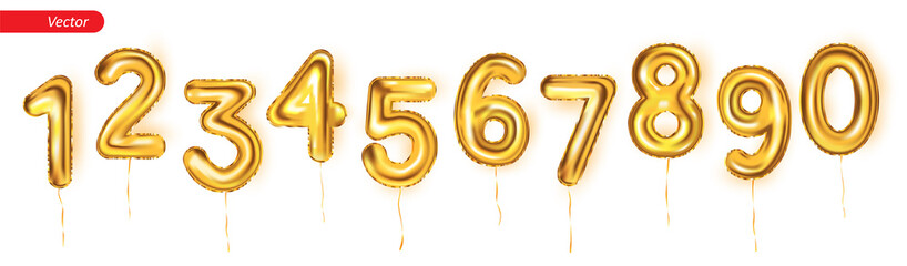 Golden balloons in the form of numbers from 0 to 9. Realistic 3D collection foil latex balloons with shadow and glare effect. Decoration elements for banners, covers, flyers. Vector set for party - obrazy, fototapety, plakaty