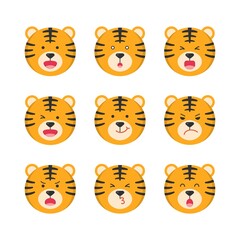 9 kinds of tiger cartoon comic characters or mascots, multiple expressions, isolated on white background
