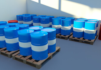Barrels on pallets. Warehouse for chemical products. Metal barrels in blue. Concept - warehouse for chemical production. Wooden pallets with barrels. Logistic warehouse with casks. 3d image