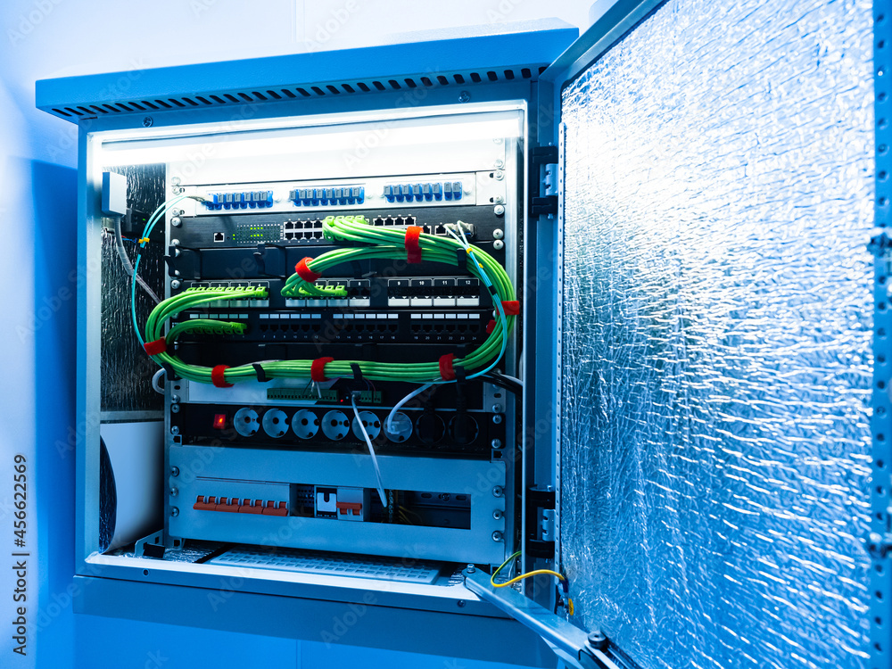 Poster switching system. structured switching system. metal box with equipment control panel. switching sta
