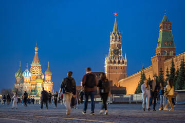 Moscow evening. Capital of Russia. Red Square in Moscow. People near Kremlin. Moscow Kremlin at...