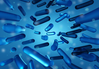 Microflora of body. Dark background with bifidobacteria. Microbiome on turquoise background. Gram-positive anaerobic bacteria. Intestinal microflora with bacteria. Visualization microbiome. 3d image