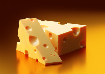 Slices of aerated cheese. Visualization of yellow cheese. Detailed pieces of Maasdam cheese. Triangular slices of Maasdam. Yellow-to-black gradient behind it. Realistic Maasdam set. 3d image