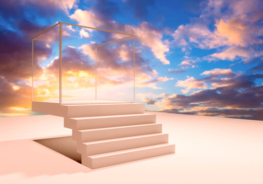 Podium stand. 3d stand on sky background. Podium stand for product demonstration. Pedestal to demonstrate something. Empty cube pedestal. Pedestal for advertising presentation. Marketing podium