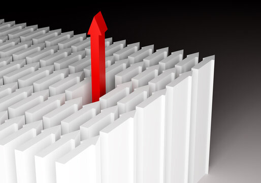 A sharp increase. Business concept of stock or profit growth. Red arrow goes up. It stands out among white arrows. Self-development metaphor. Stand out from crowd. Post company's profits. 3d image