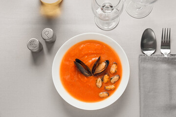Bowl of tasty Cacciucco soup and wine glasses on table