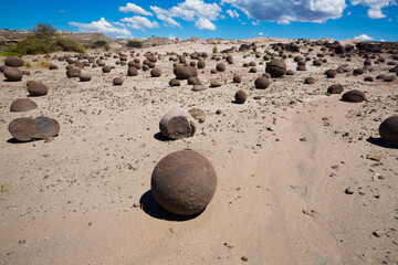 Landscape and stone formations in Ischigualasto Provincial Park, foothills of Andes. Argentina,...