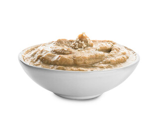 Bowl with traditional baba ghanoush on white background
