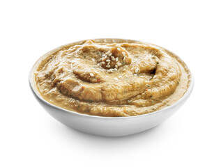Bowl with tasty baba ghanoush hummus on white background