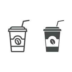 Coffee cup to take away with lid and straw line and solid icon, catering concept, to go cup vector sign on white background, outline style icon for mobile concept and web design. Vector graphics.