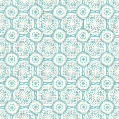 Aegean teal mottled rustic circle linen texture background. Summer dotted coastal living style. Light turquoise blue cloth effect textile seamless pattern. Washed out beach cottage fabric material. 