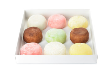 Box with tasty Japanese mochi on white background