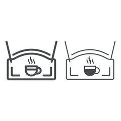 Signboard with cup of coffee and smoke line and solid icon, catering concept, shopsign with mug vector sign on white background, outline style icon for mobile concept and web design. Vector graphics.