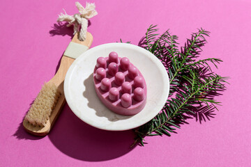 Bowl with massage soap bar, brush and fir tree branch on color background