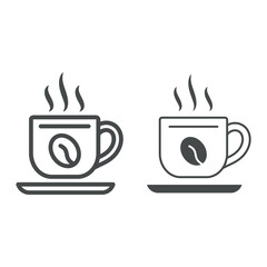 Cup with coffee bean on saucer and smoke line and solid icon, catering business concept, mug vector sign on white background, outline style icon for mobile concept and web design. Vector graphics.