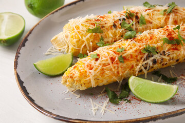 Plate with tasty Elote Mexican Street Corn on white background, closeup