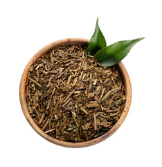 Bowl of dry hojicha green tea on white background